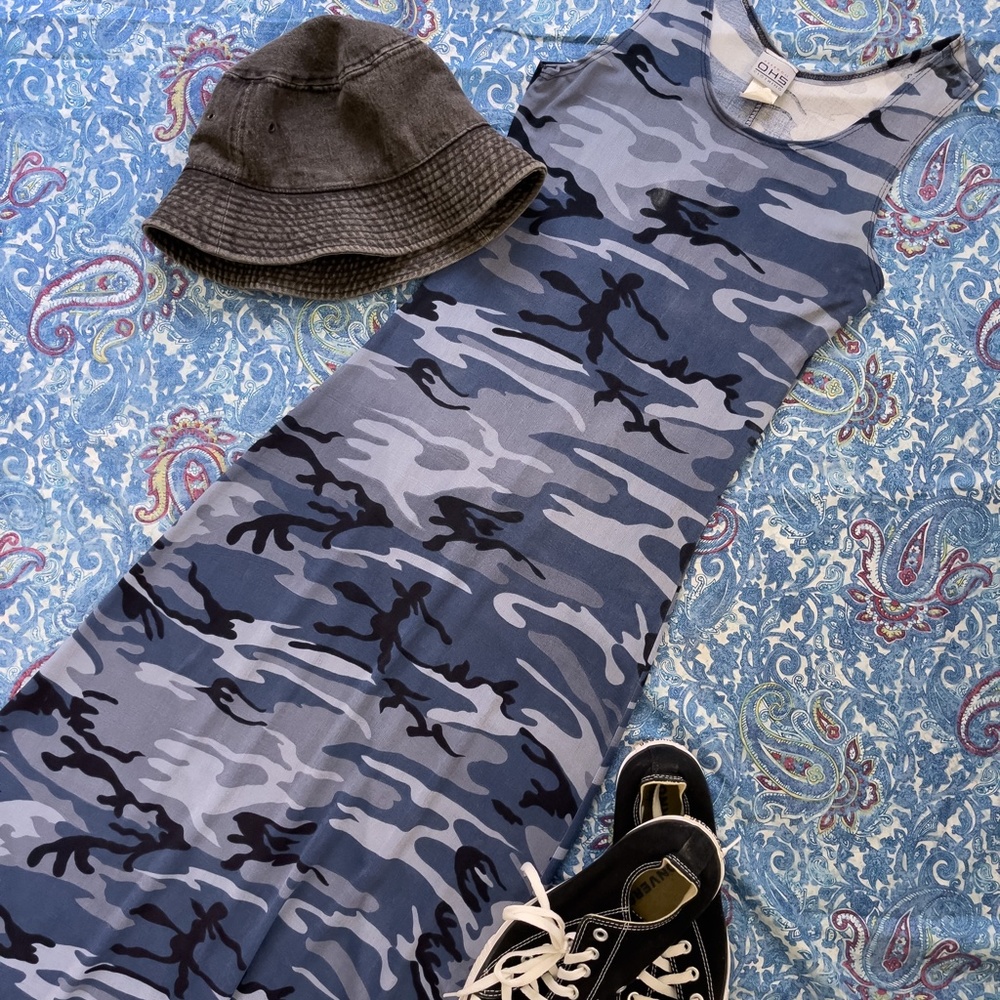 90s Vintage Blue Camo Slinky Tank Dress